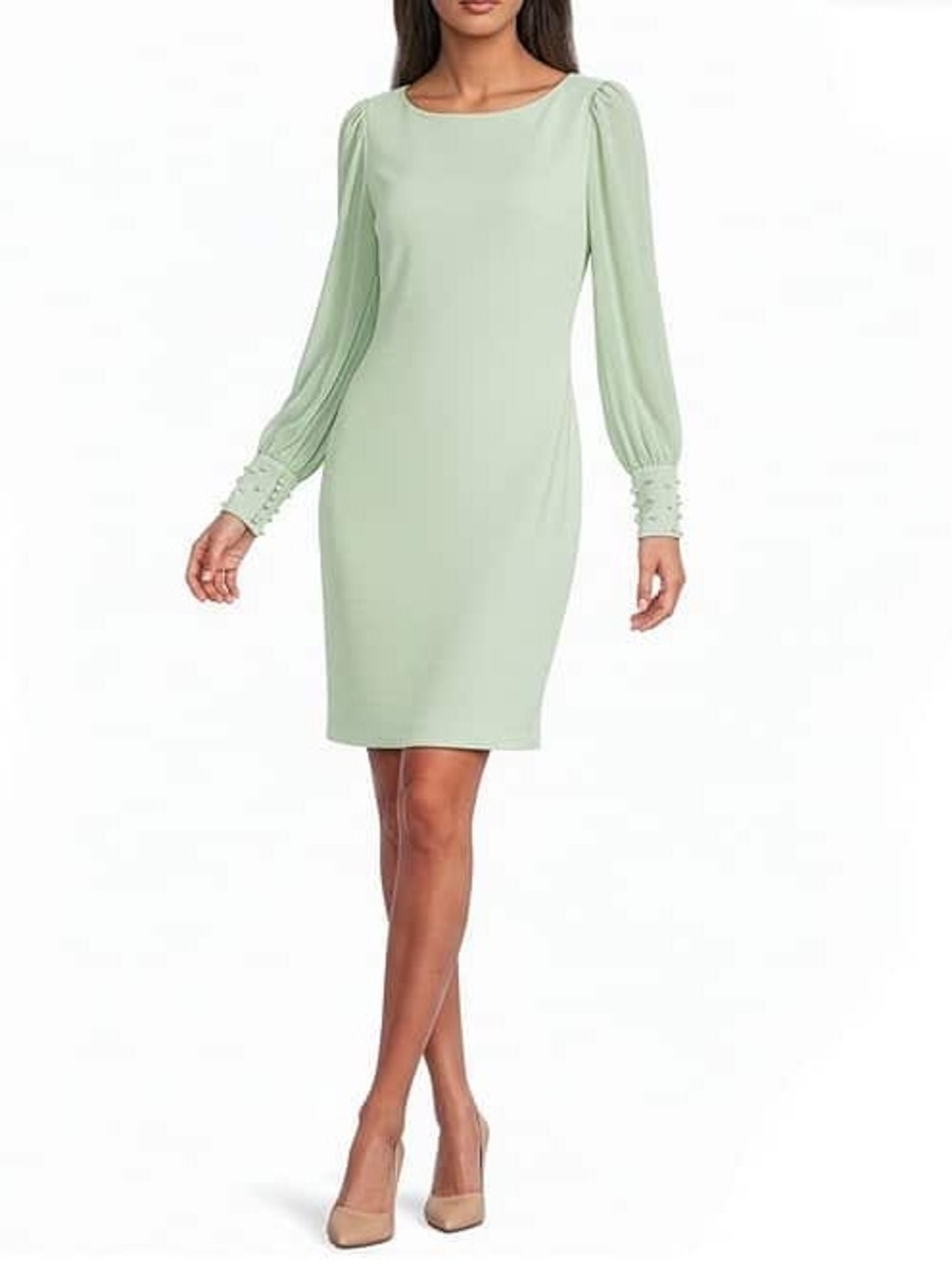 KARL LAGERFELD PARIS Scuba Crepe Chiffon Long Sleeve Pearl Cuff Dress | Size 6